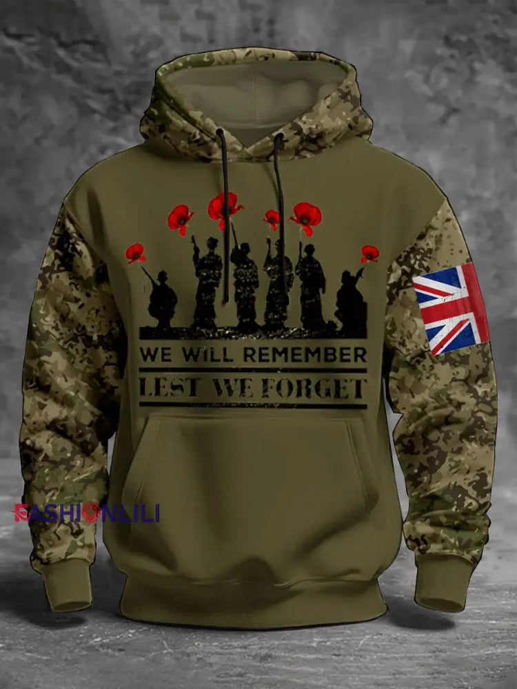 Men’s Remembrance Day Lest We Forget aggy Hoodie Army Green / S