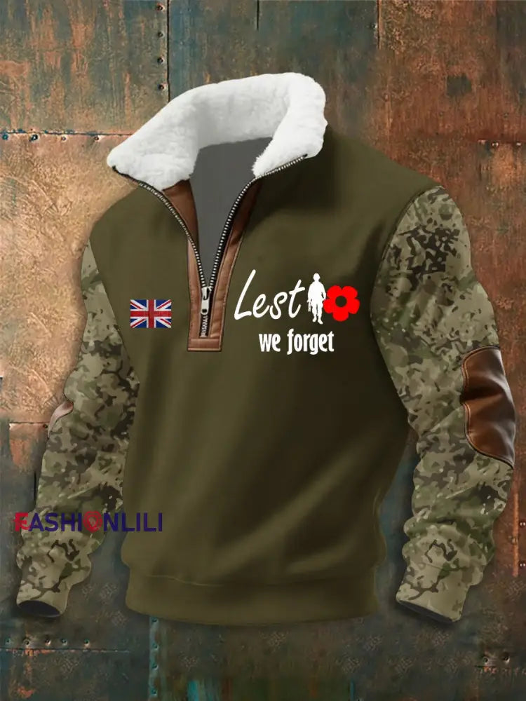 Men’s Remembrance Day Lest We Forget aggy Zip-up Hoodie Army Green / S