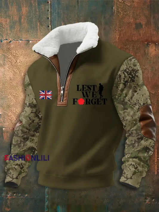 Men’s Remembrance Day Lest We Forget aggy Zip-up Hoodie Army Green / S