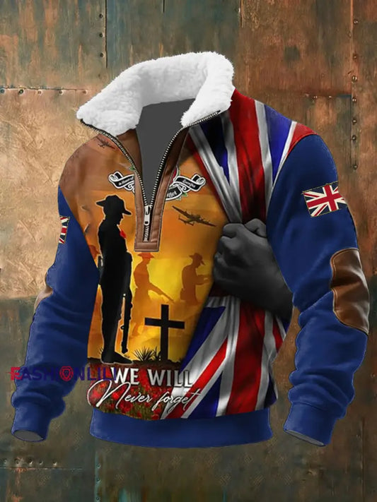 Men’s Remembrance Day Lest We Forget Baggy Zip-up Hoodie Blue / S