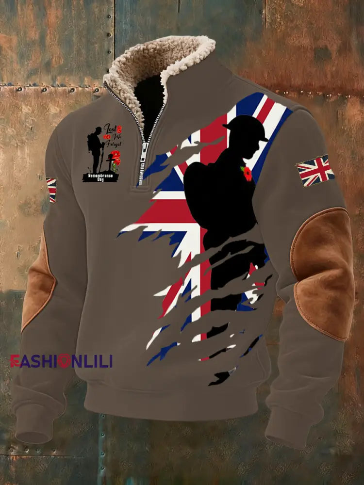 Men’s Remembrance Day Lest We Forget Baggy Zip-up Hoodie Brown / S