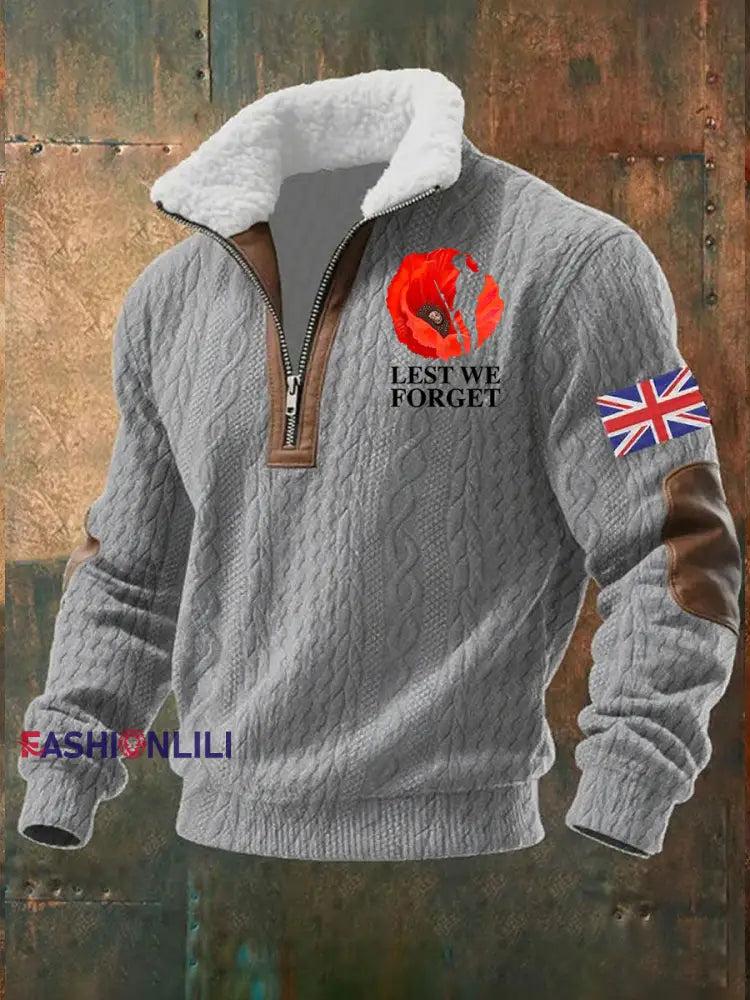 Men’s Remembrance Day Lest We Forget Baggy Zip-up Hoodie Gray / S