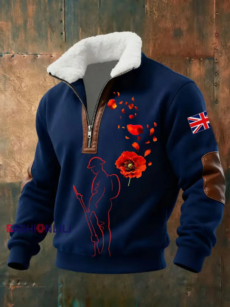Men’s Remembrance Day Lest We Forget Baggy Zip-up Hoodie Navy Blue / S
