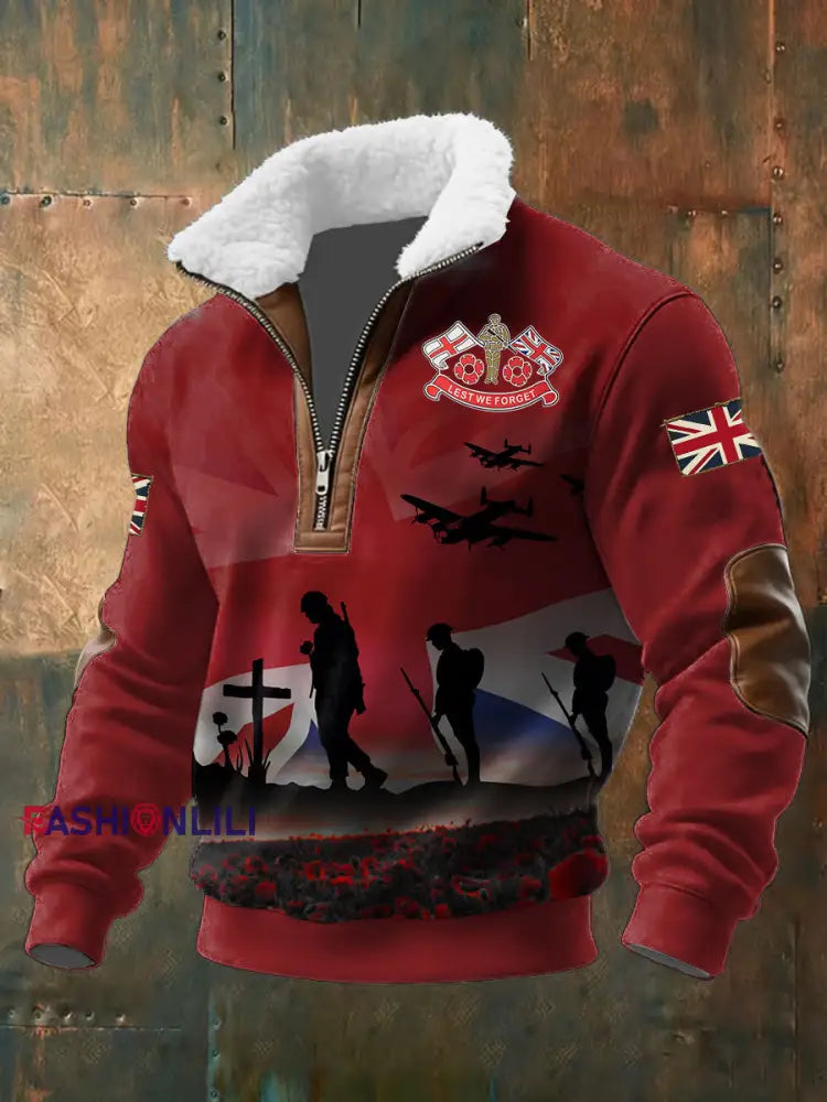 Men’s Remembrance Day Lest We Forget Baggy Zip-up Hoodie Red / S