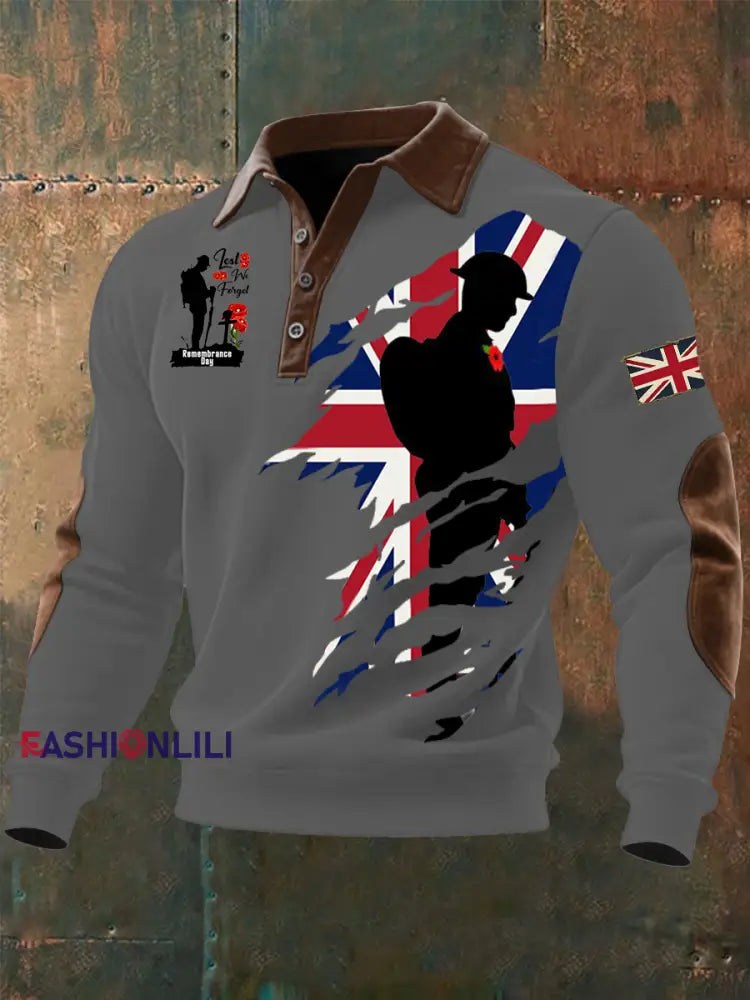 Men’s Remembrance Day Lest We Forget Buttoned Top Gray / S