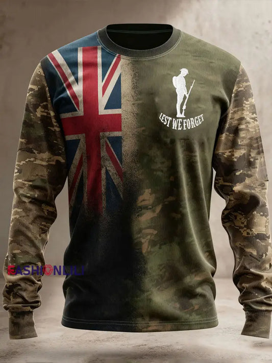 Men’s Remembrance Day Lest We Forget Camouflage Long Sleeve Round Neck T-shirt Army Green / S