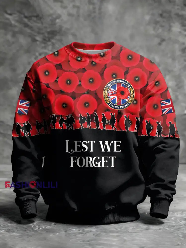 Men’s Remembrance Day Lest We Forget Printed Crew Neck Sweatshirt As picture / S