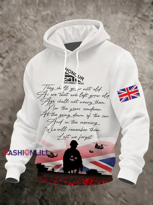 Men’s Remembrance Day Lest We Forget Printed Hoodie White / S