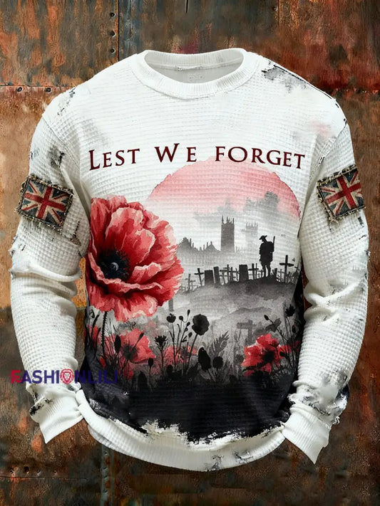 Men’s Remembrance Day Lest We Forget Printed Waffle Long Sleeve T-Shirt White / S