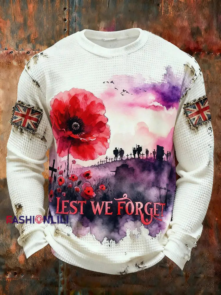 Men’s Remembrance Day Lest We Forget Printed Waffle Long Sleeve T-Shirt White / S