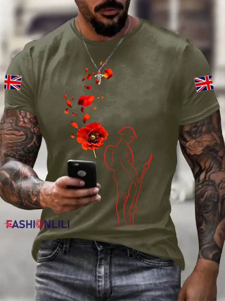 Men’s Remembrance Day Lest We Forget Short-sleeved T-shirt Army Green / S