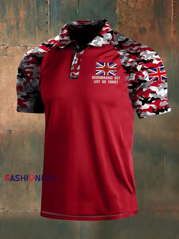 Men’s Remembrance Day Lest We Forget Three Buttons T-Shirt Red / S