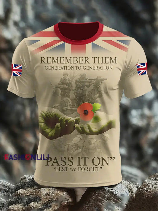 Men’s Remembrance Day Remember Them Pass It On Lest We Forget Short Sleeves T-shirt As picture / S