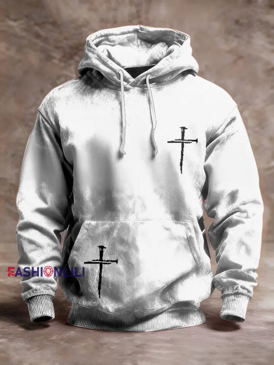 Men’s Retro American Faith Printed Long-Sleeve Hooded Sweatshirt White / S