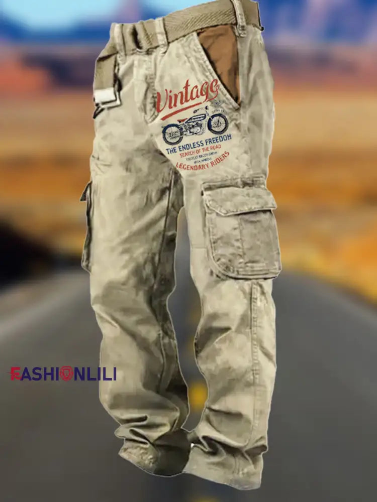 Men’s Retro Art Print Multi-Pocket Multi-Functional Cargo Pants A / S