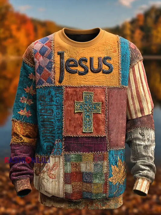 Men’s Retro Casual Faith Cross Art Print Crew Neck Sweatshirt As picture / S