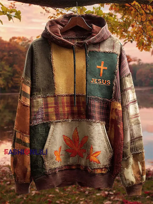 Men’s Retro Casual Faith Cross Art Print Oversized Drop-Shoulder Pockets Hoodie As picture / S
