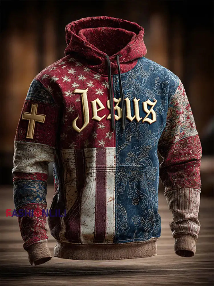 Men’s Retro Casual Faith Cross Art Print Oversized Drop-Shoulder Pockets Hoodie As picture / S