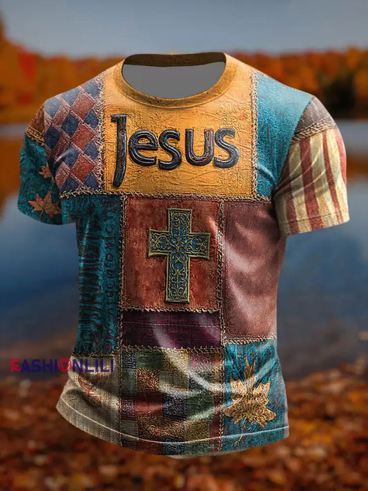 Men’s Retro Casual Faith Cross Art Print Short Sleeve T-shirt As picture / S