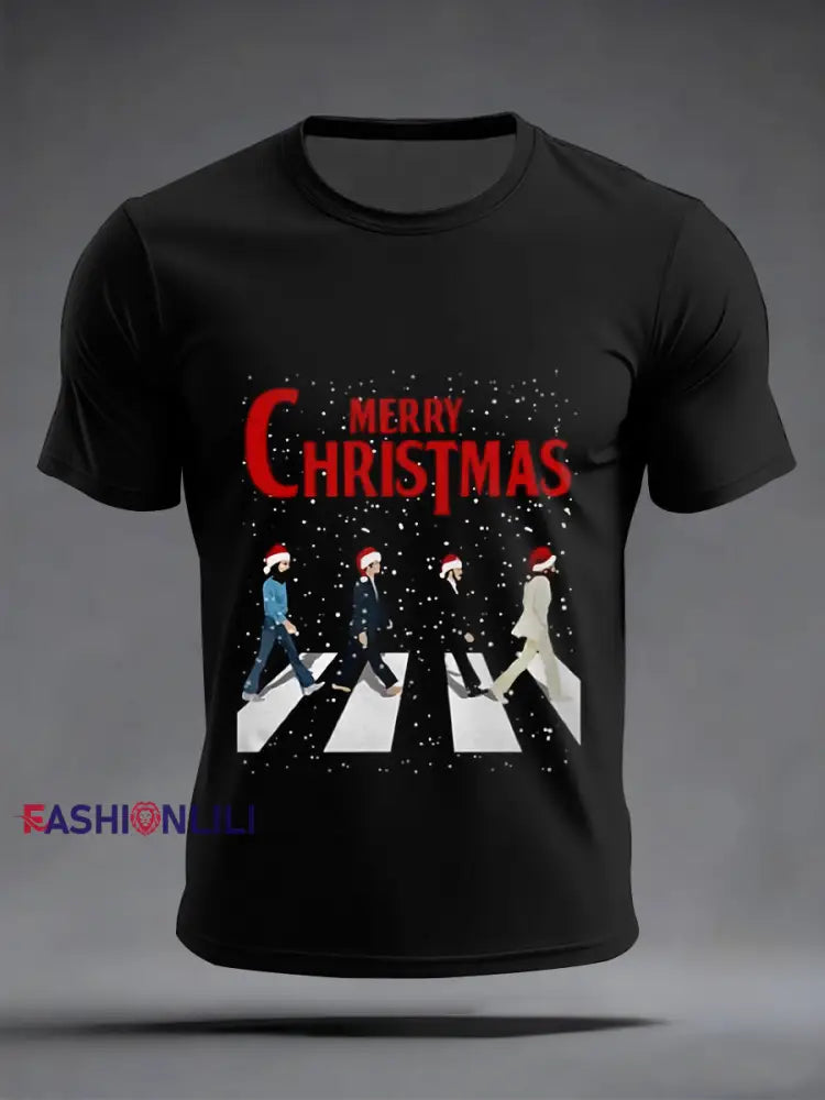 Men’s Retro Classic Legendary Rock Band Merry Christmas Print Gift For Fans Casual Tee Black / S