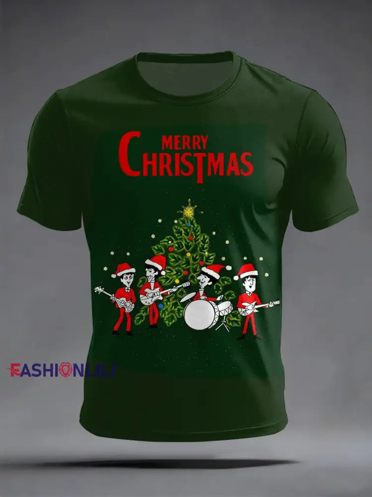 Men’s Retro Classic Legendary Rock Band Merry Christmas Print Gift For Fans Casual Tee Dark Green / S