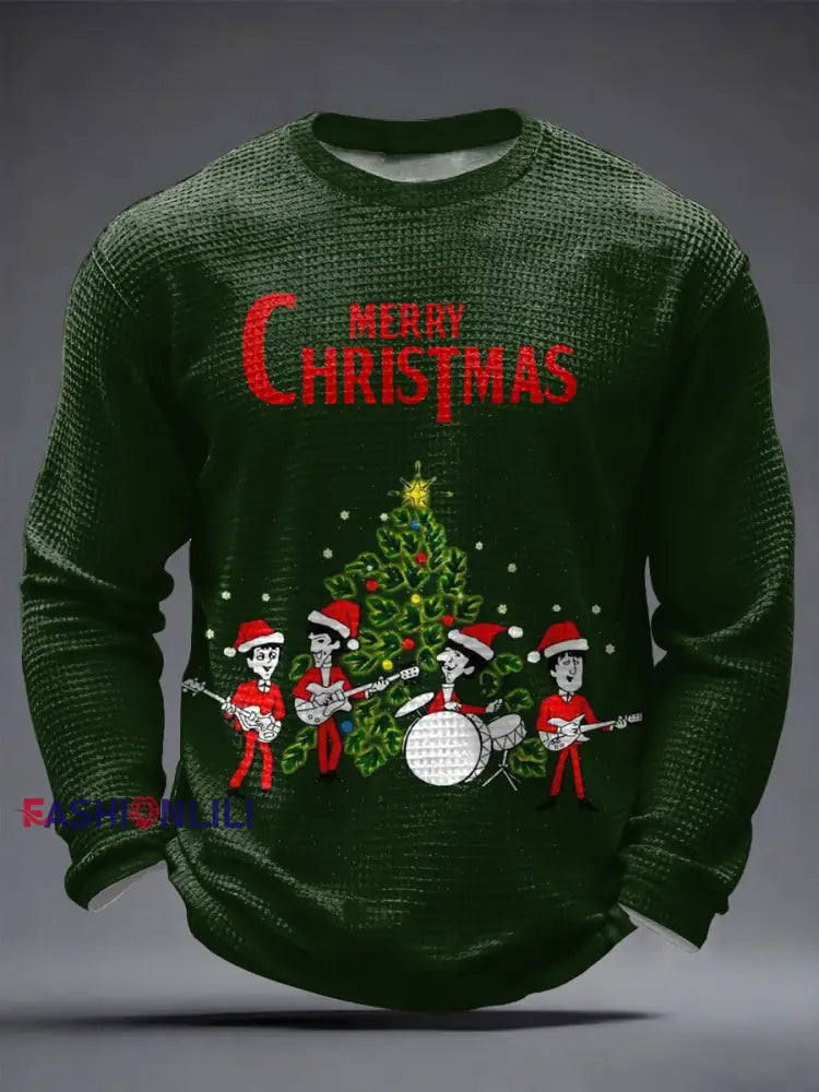 Men’s Retro Classic Legendary Rock Band Merry Christmas Print Gift For Fans Casual Waffle Long Sleeve T-Shirt Dark
