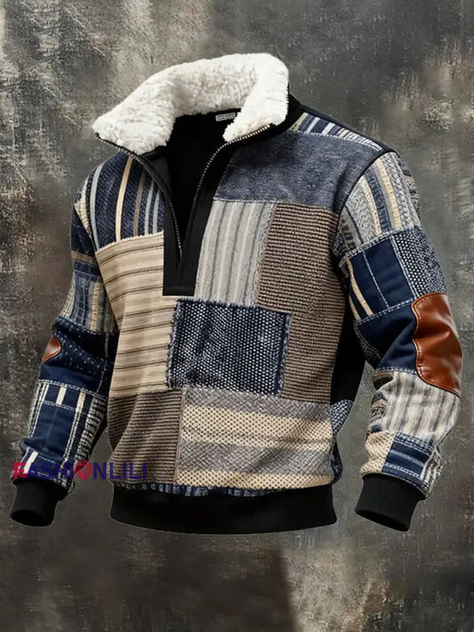 Men’s Retro Color Block Print Casual Fur Collar Zip-up Hoodie As picture / S