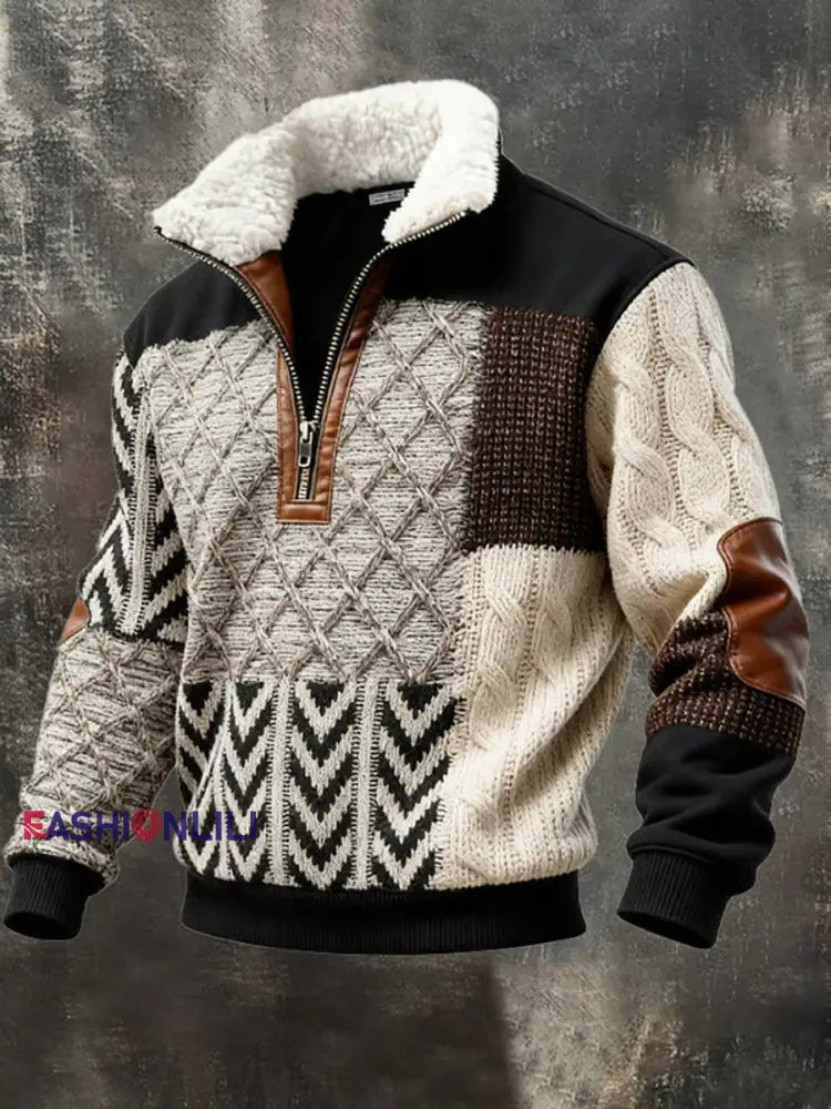 Men’s Retro Color Block Print Casual Fur Collar Zip-up Hoodie As picture / S