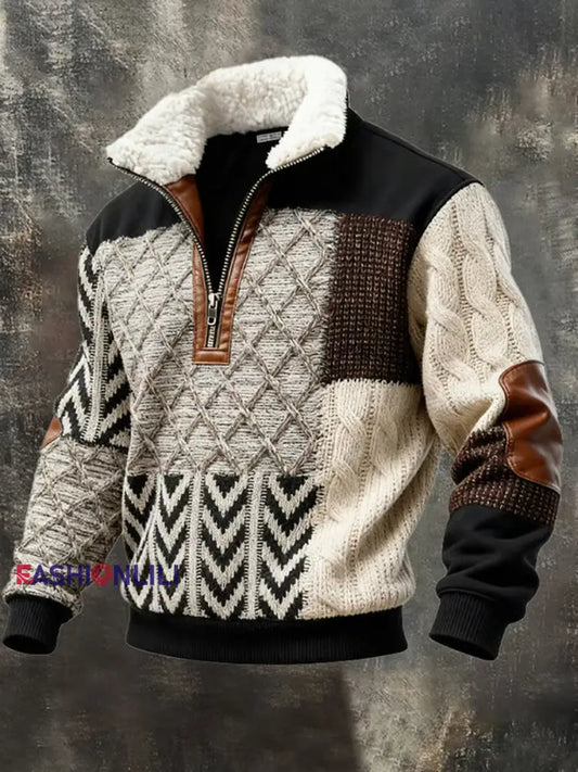 Men’s Retro Color Block Print Casual Fur Collar Zip-up Hoodie As picture / S