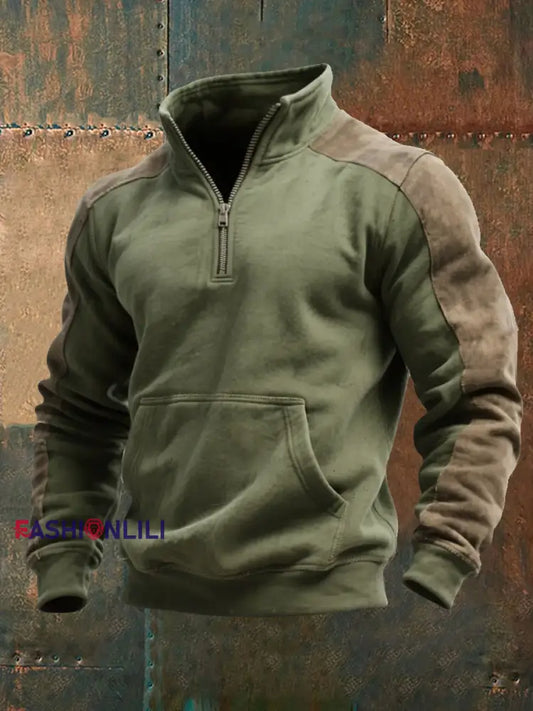 Men’s Retro Colorblock Zipper Sweatshirt Army Green / S
