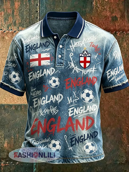 Men’s Retro England Football Fan Art Print Casual Polo Shirt - A / S