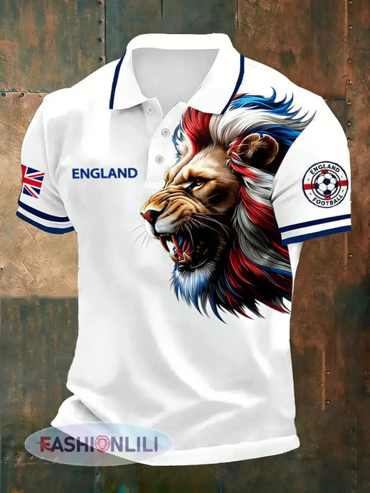 Men’s Retro England Football Fan Art Print Casual Polo Shirt - A / S
