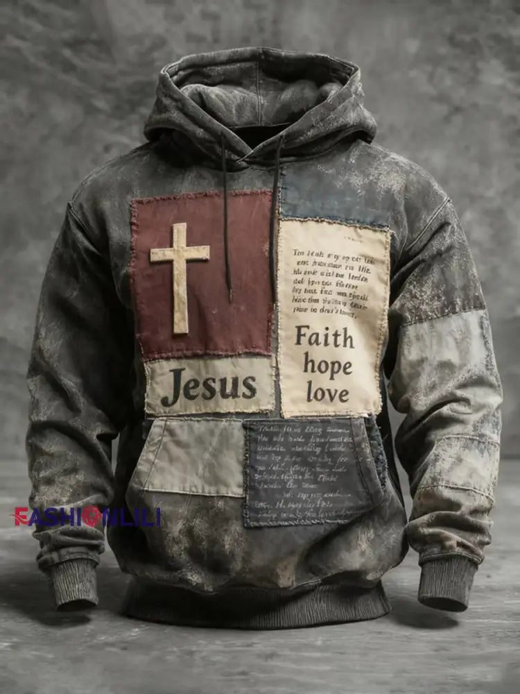 Men’s Retro Faith Cross Print Hoodie As picture / S