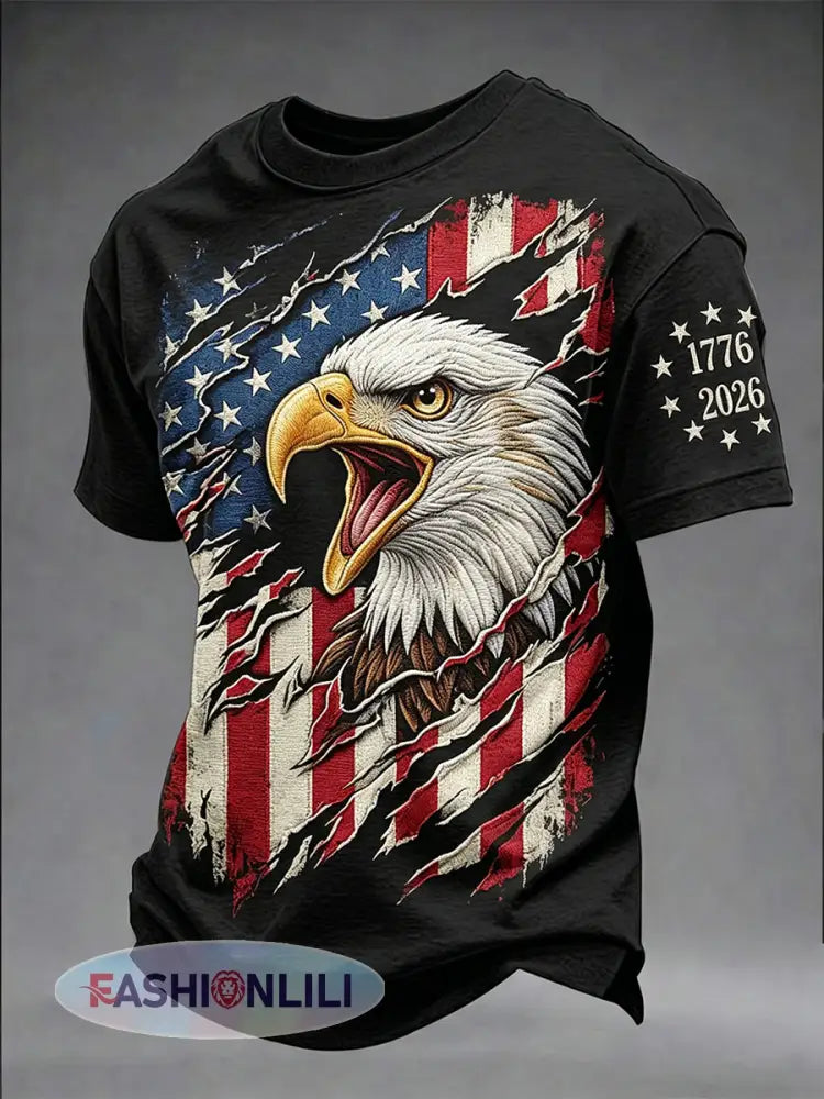 Men’s Retro Independence Day Eagle Pattern Casual Short Sleeve T-shirt - Black / S