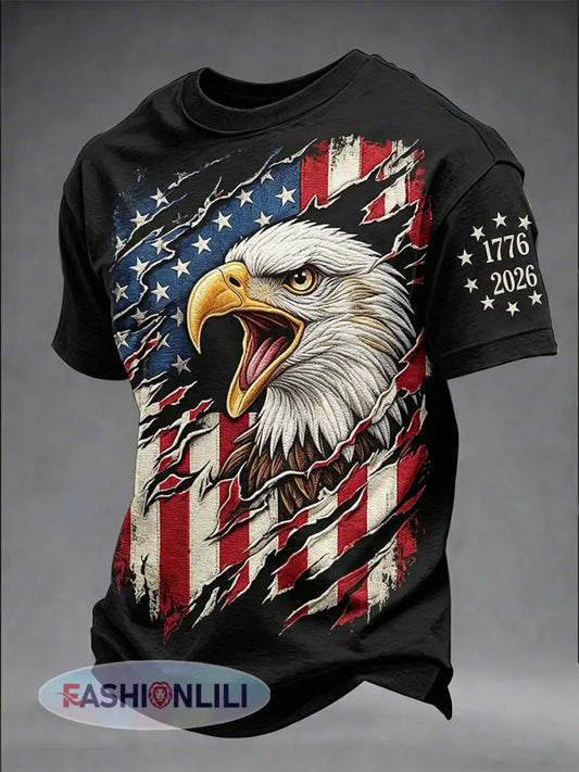 Men’s Retro Independence Day Eagle Pattern Casual Short Sleeve T-shirt - Black / S