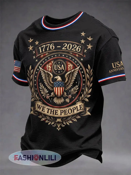 Men’s Retro Independence Day Eagle Pattern Casual Short Sleeve T-shirt - Black / S