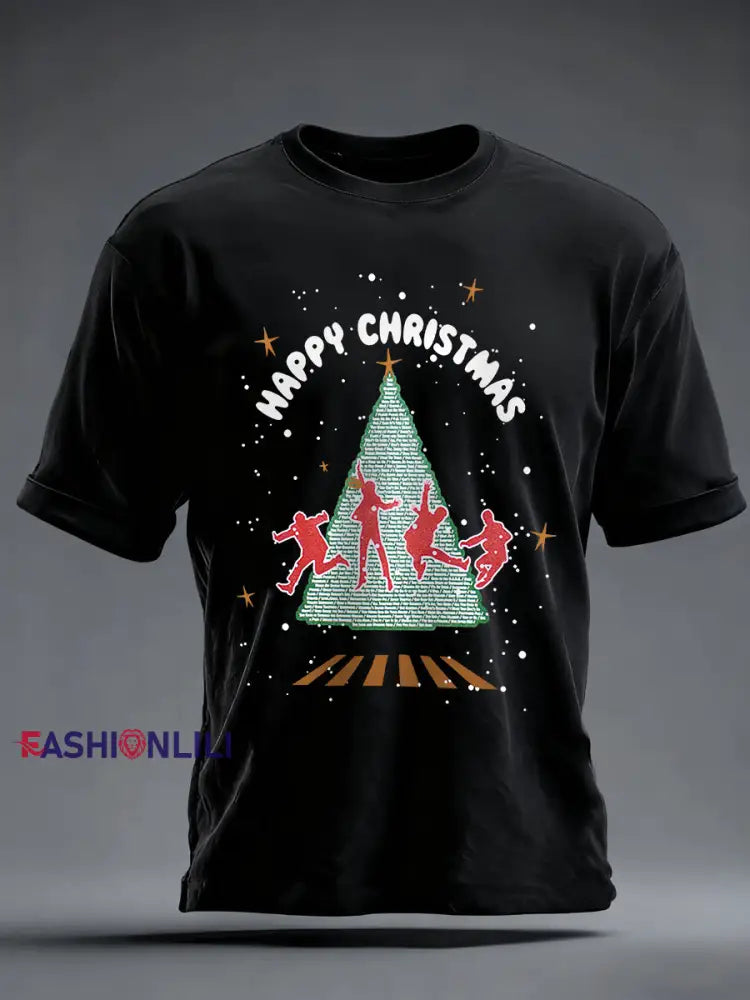 Men’s Retro Merry Christmas Classic Legendary Rock Band Print Casual Tee Black / S
