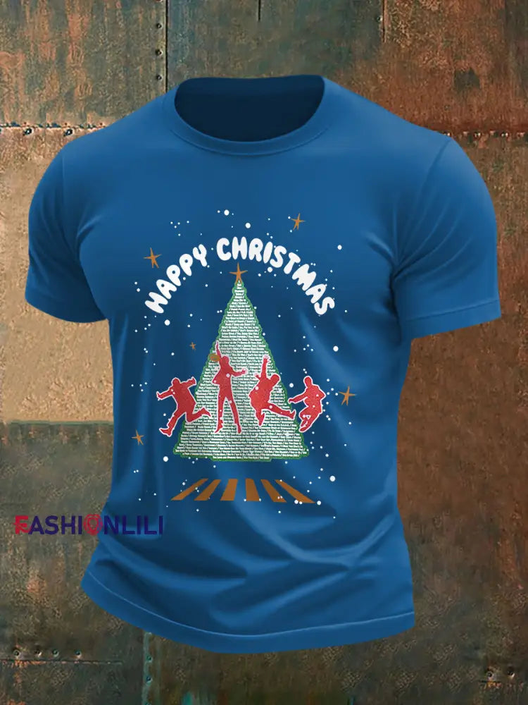 Men’s Retro Merry Christmas Classic Legendary Rock Band Print Casual Tee Blue / S