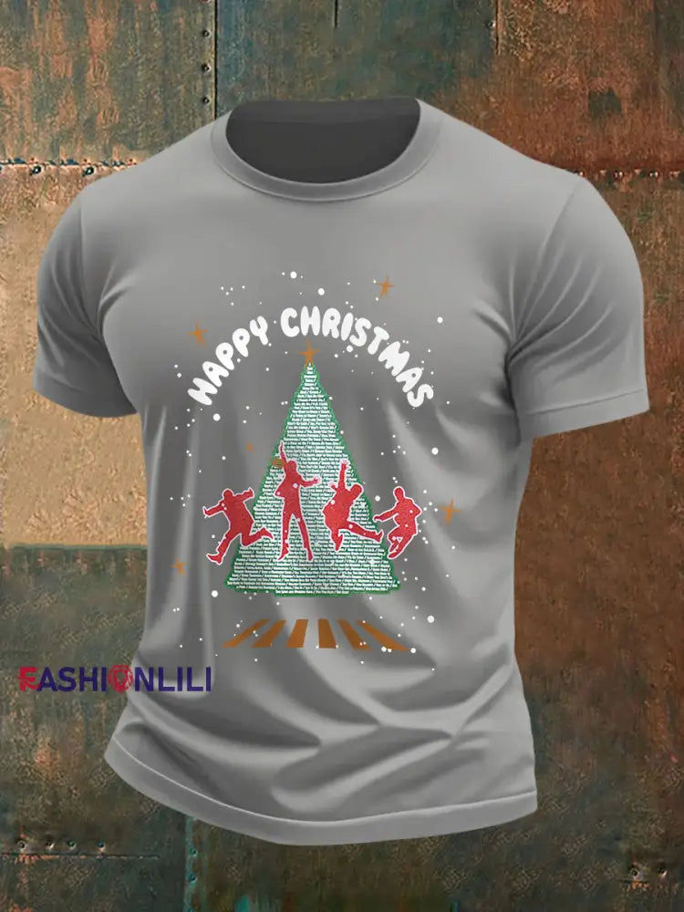 Men’s Retro Merry Christmas Classic Legendary Rock Band Print Casual Tee Light Gray / S