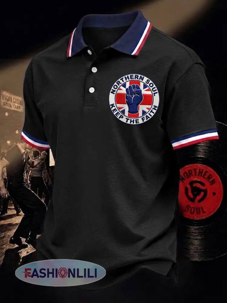 Men’s Retro Northern Soul Keep The Faith Print Casual Polo - Black / S