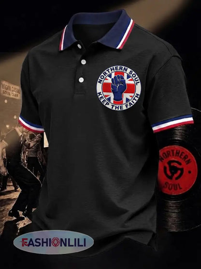 Men’s Retro Northern Soul Keep The Faith Print Casual Polo - Black / S