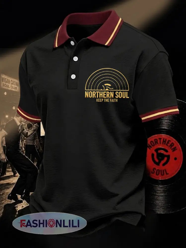 Men’s Retro Northern Soul Keep The Faith Print Casual Polo - Black / S