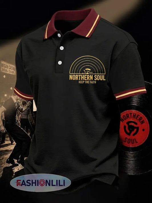 Men’s Retro Northern Soul Keep The Faith Print Casual Polo - Black / S