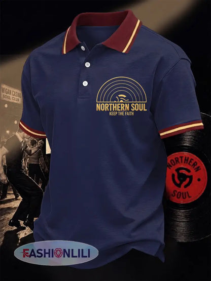 Men’s Retro Northern Soul Keep The Faith Print Casual Polo - Deep Blue / S