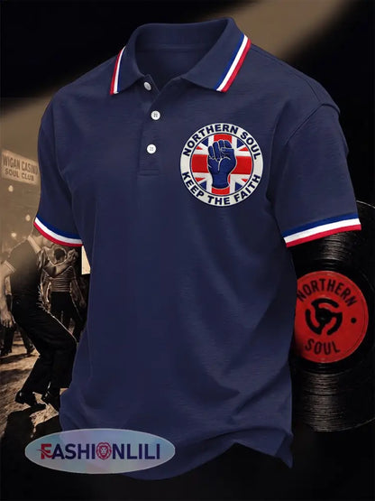 Men’s Retro Northern Soul Keep The Faith Print Casual Polo - Deep Blue / S