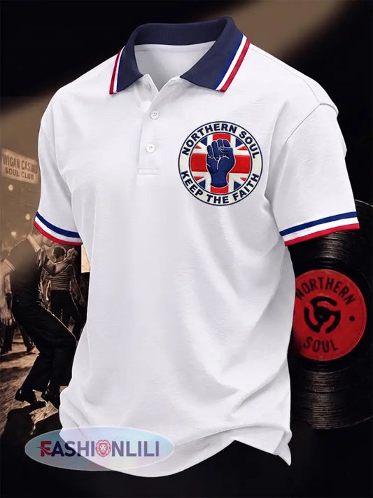 Men’s Retro Northern Soul Keep The Faith Print Casual Polo - White / S