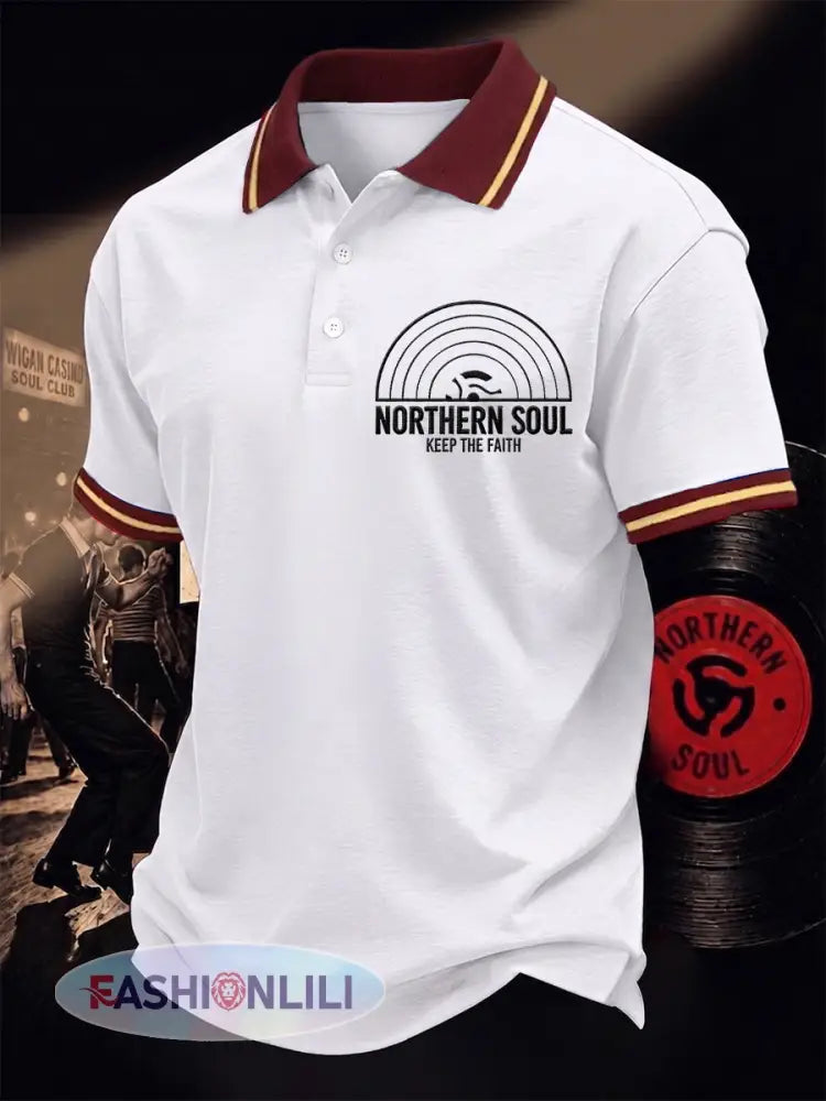 Men’s Retro Northern Soul Keep The Faith Print Casual Polo - White / S