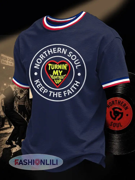 Men’s Retro Northern Soul Keep The Faith Print Casual Tee - Deep Blue / S