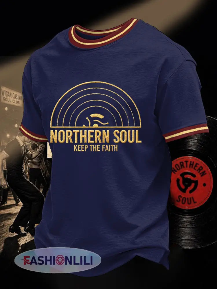 Men’s Retro Northern Soul Keep The Faith Print Casual Tee - Deep Blue / S