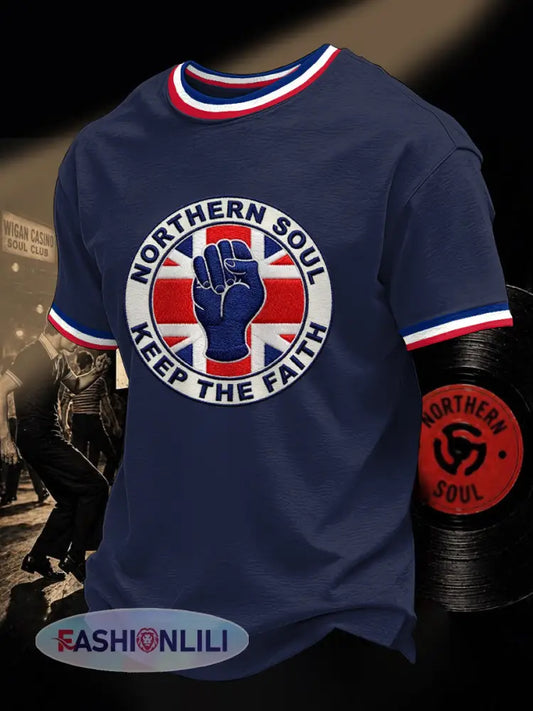 Men’s Retro Northern Soul Keep The Faith Print Casual Tee - Deep Blue / S